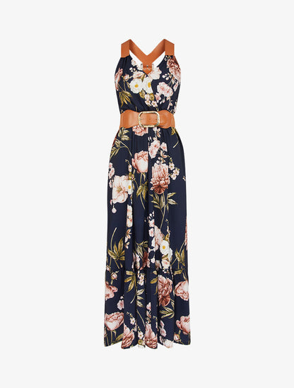 Robe à imprimés et bretelles simili - Marine - 1