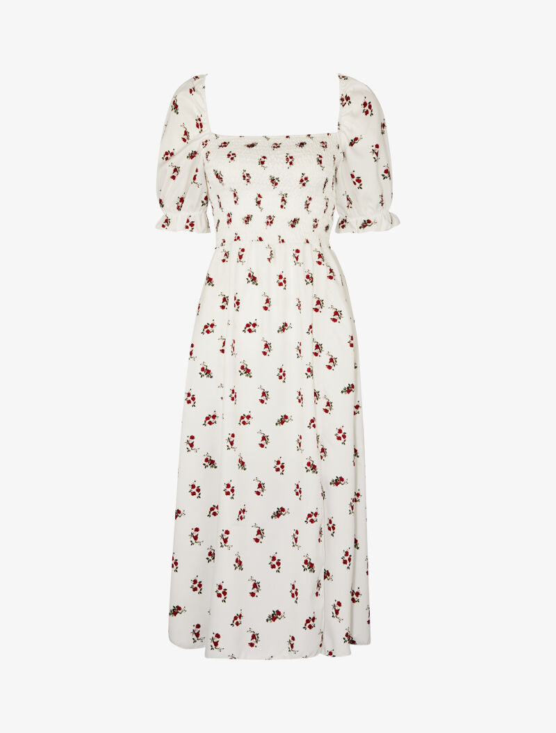 Robe imprimée à buste élastiqué - Ecru - 1