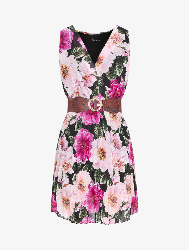 Robe fleurie à bas gaufré - Noir - 1