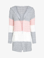 Gilet mi-long à capuche en maille tressée rayée - Rose - 1