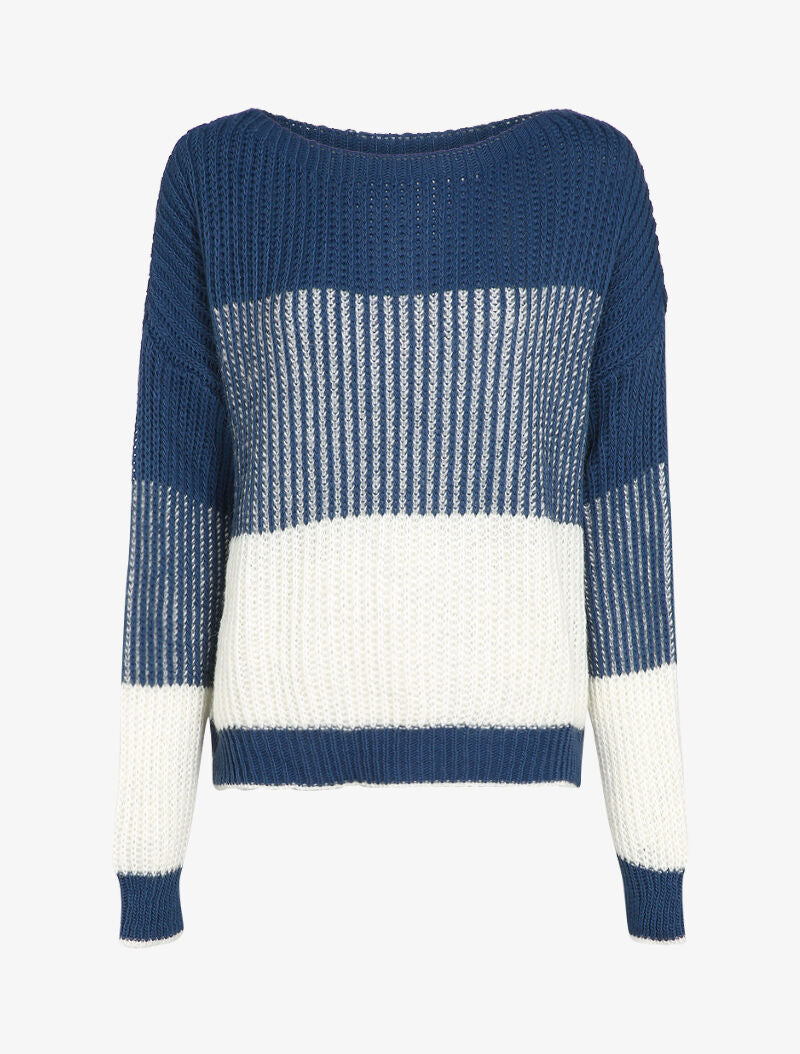 Pull en grosse maille contrastée - Bleu - 1