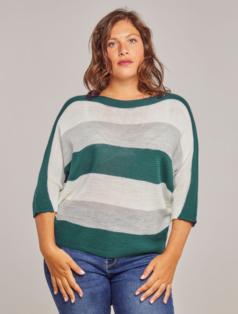 Pull loose à imprimé rayé et manches dolman - Bleu canard - 4