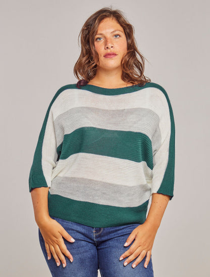 Pull loose à imprimé rayé et manches dolman - Bleu canard - 4