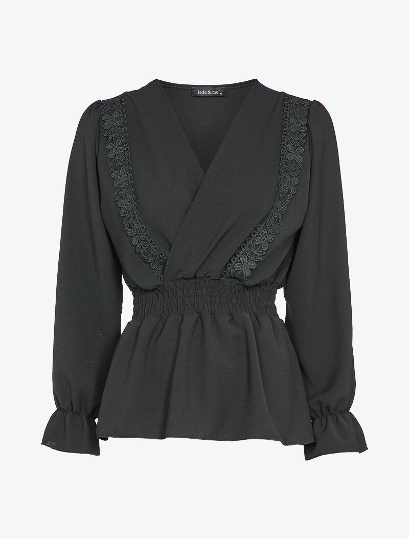 Blouse péplum ornée de borderies - Noir - 1
