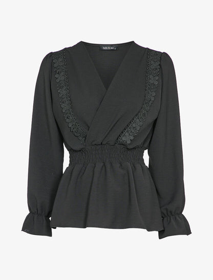 Blouse péplum ornée de borderies - Noir - 1