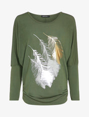 Top manches dolman à motifs plumes - Kaki - 4