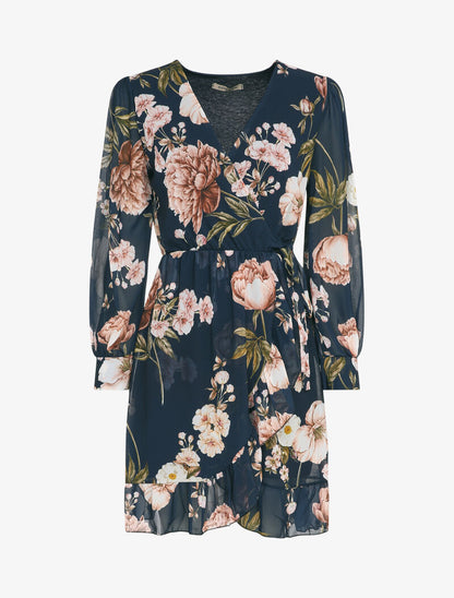 Robe portefeuille volantée à imprimé pivoines - Marine - 1