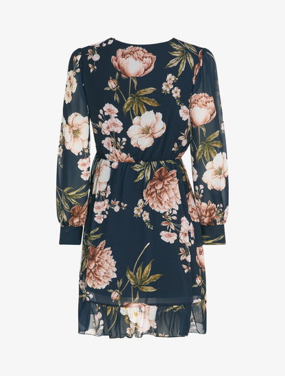 Robe portefeuille volantée à imprimé pivoines - Marine - 2