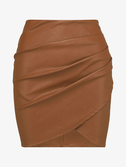 Mini jupe portefeuille en simili - Marron - 4