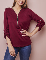 Pull à col zippé et à épaules dentelle - Bordeaux - 5