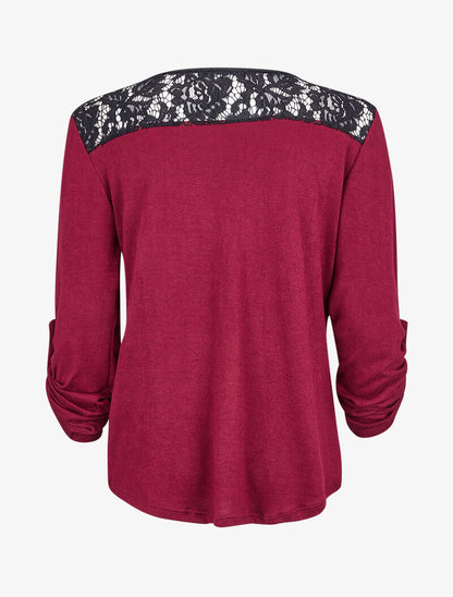 Pull à col zippé et à épaules dentelle - Bordeaux - 3