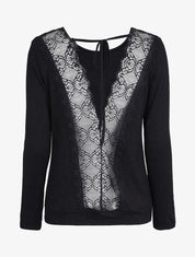 Pull à dos ouvert à détails dentelle - Noir - 1