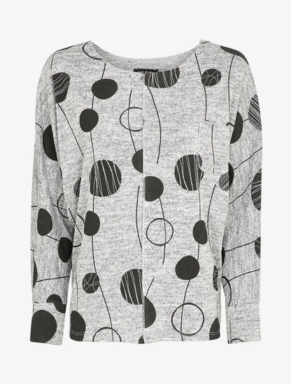 Pull imprimé ronds stylisés à manches raglan et poche - Gris chiné - 1