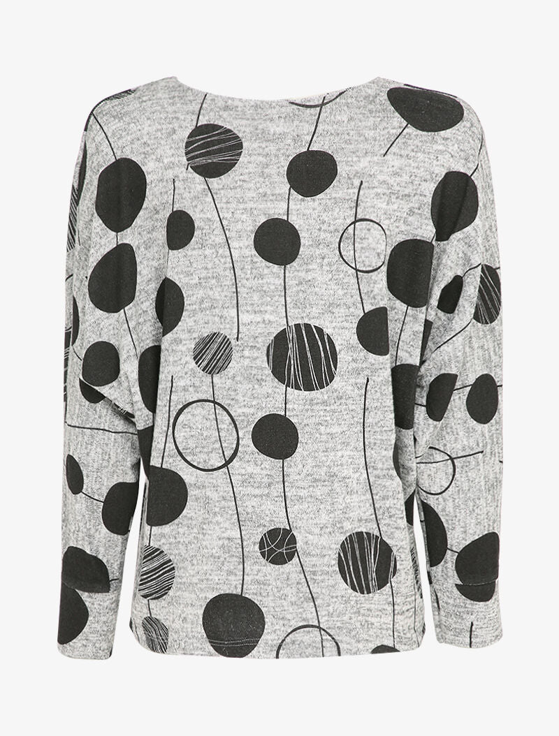 Pull imprimé ronds stylisés à manches raglan et poche - Gris chiné - 2