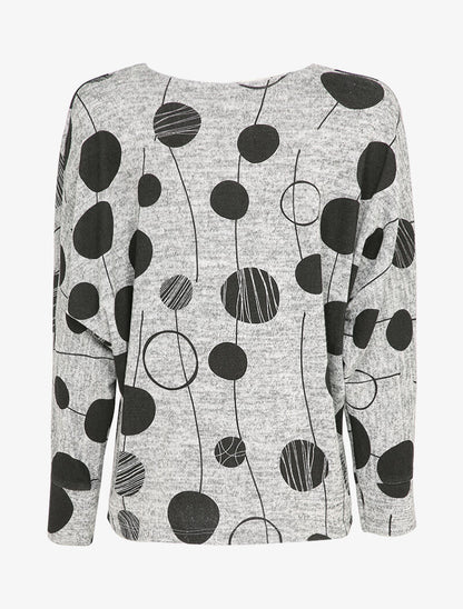 Pull imprimé ronds stylisés à manches raglan et poche - Gris chiné - 2