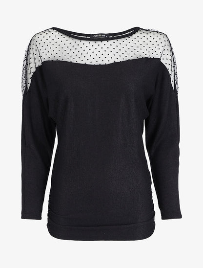 Pull fin à empiècement dentelle stretch - Noir - 1