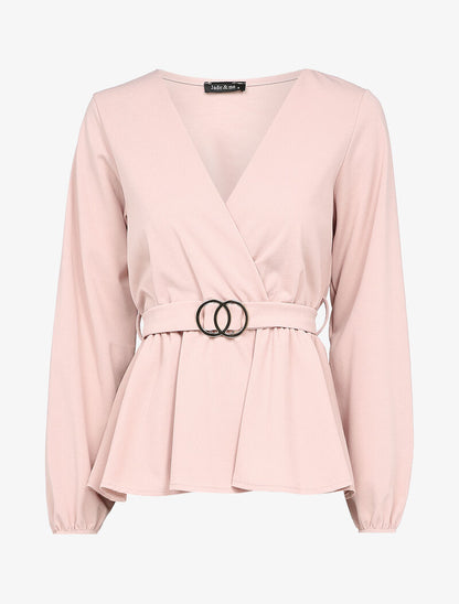 Blouse cache-coeur péplum à boucle stylisée - Rose - 1