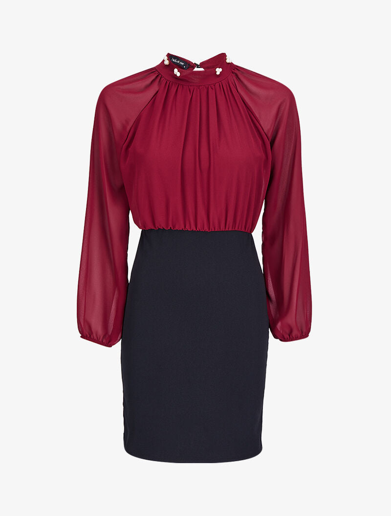 Robe bi-matière ornée de perles - Bordeaux/noir - 1