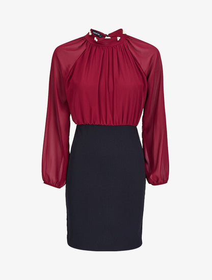 Robe bi-matière ornée de perles - Bordeaux/noir - 1