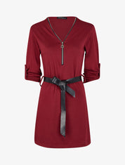 Robe à col V zippé et manches longues retroussables - Bordeaux - 4