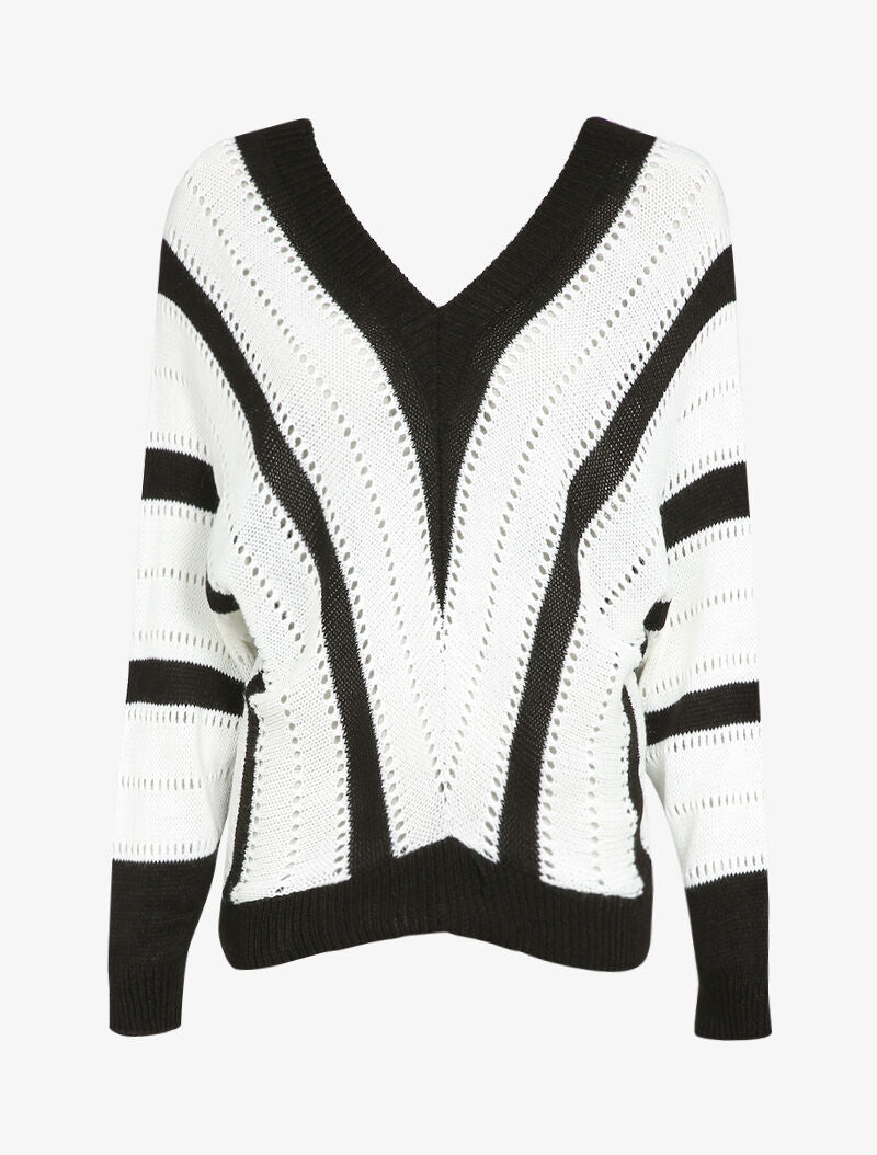 Pull col V à rayures en maille ajourée - Noir - 1