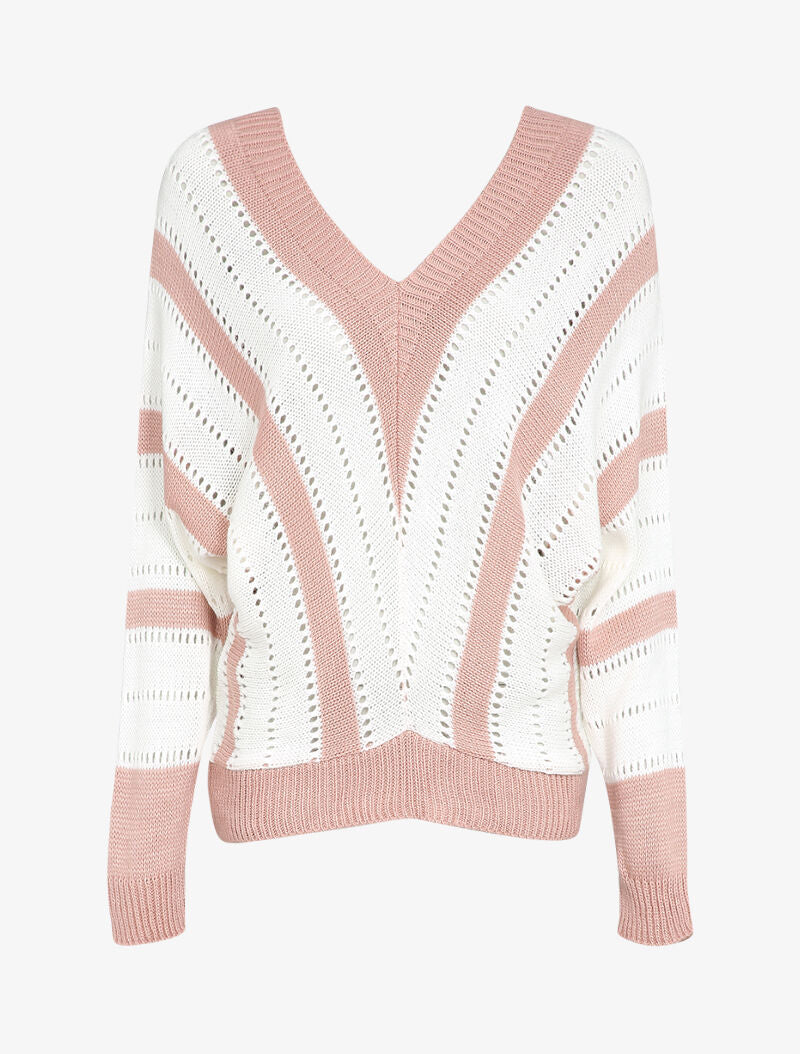 Pull col V à rayures en maille ajourée - Rose - 4