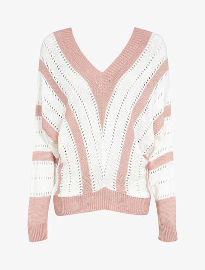 Pull col V à rayures en maille ajourée - Rose - 4