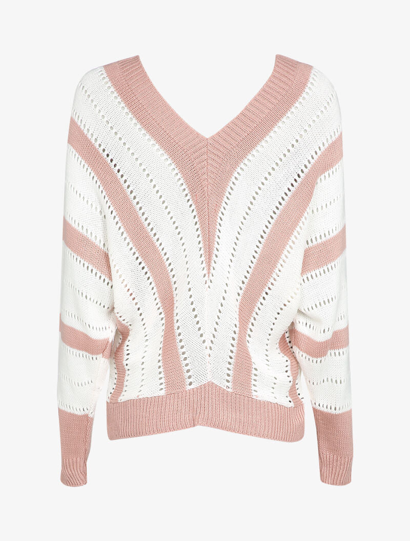 Pull col V à rayures en maille ajourée - Rose - 2
