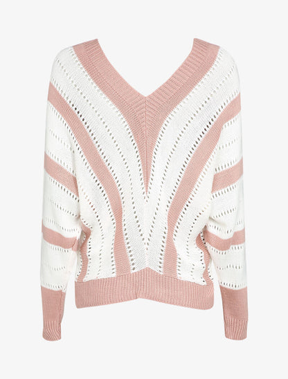 Pull col V à rayures en maille ajourée - Rose - 2