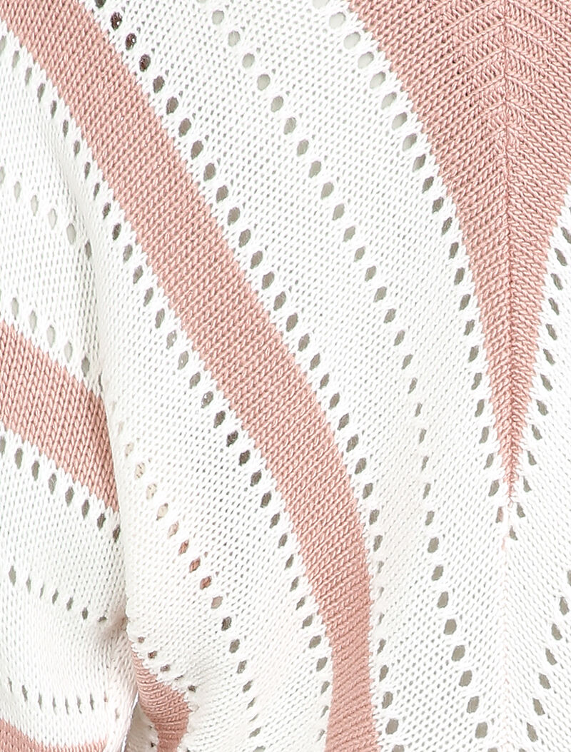 Pull col V à rayures en maille ajourée - Rose - 3