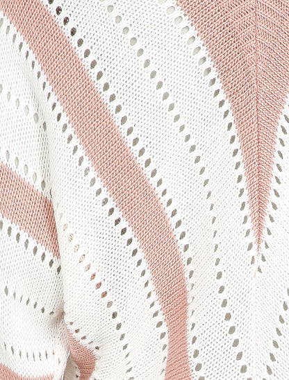 Pull col V à rayures en maille ajourée - Rose - 3