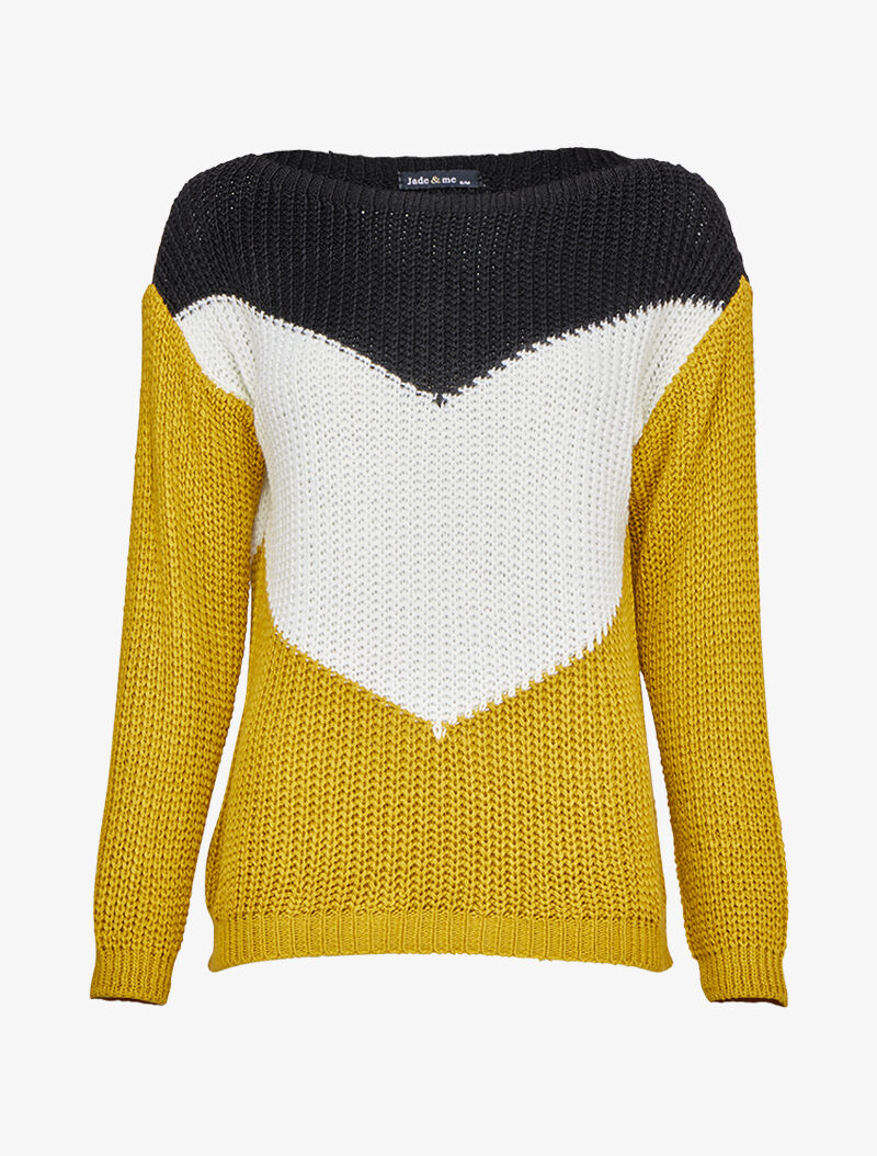 Pull en maille épaisse à motif en V tricolore et col bateau - Moutarde - 4