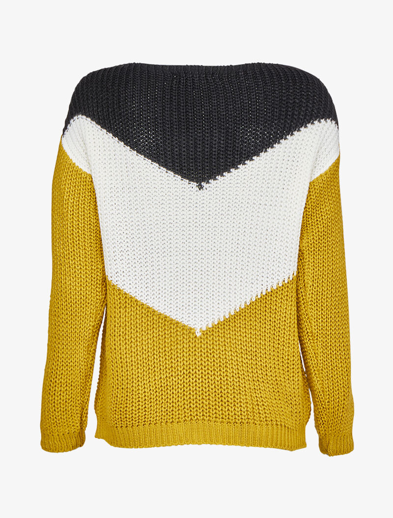 Pull en maille épaisse à motif en V tricolore et col bateau - Moutarde - 2