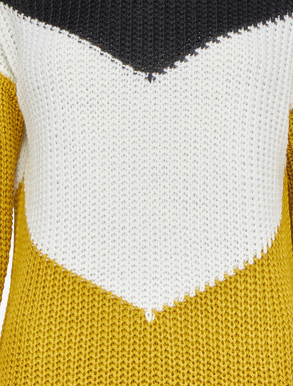 Pull en maille épaisse à motif en V tricolore et col bateau - Moutarde - 3