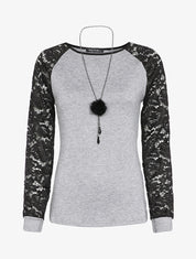 Pull à manches raglan en dentelle - Gris clair - 1