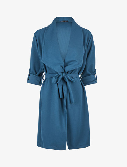 Veste longue à col châle et pans biseautés - Bleu - 3