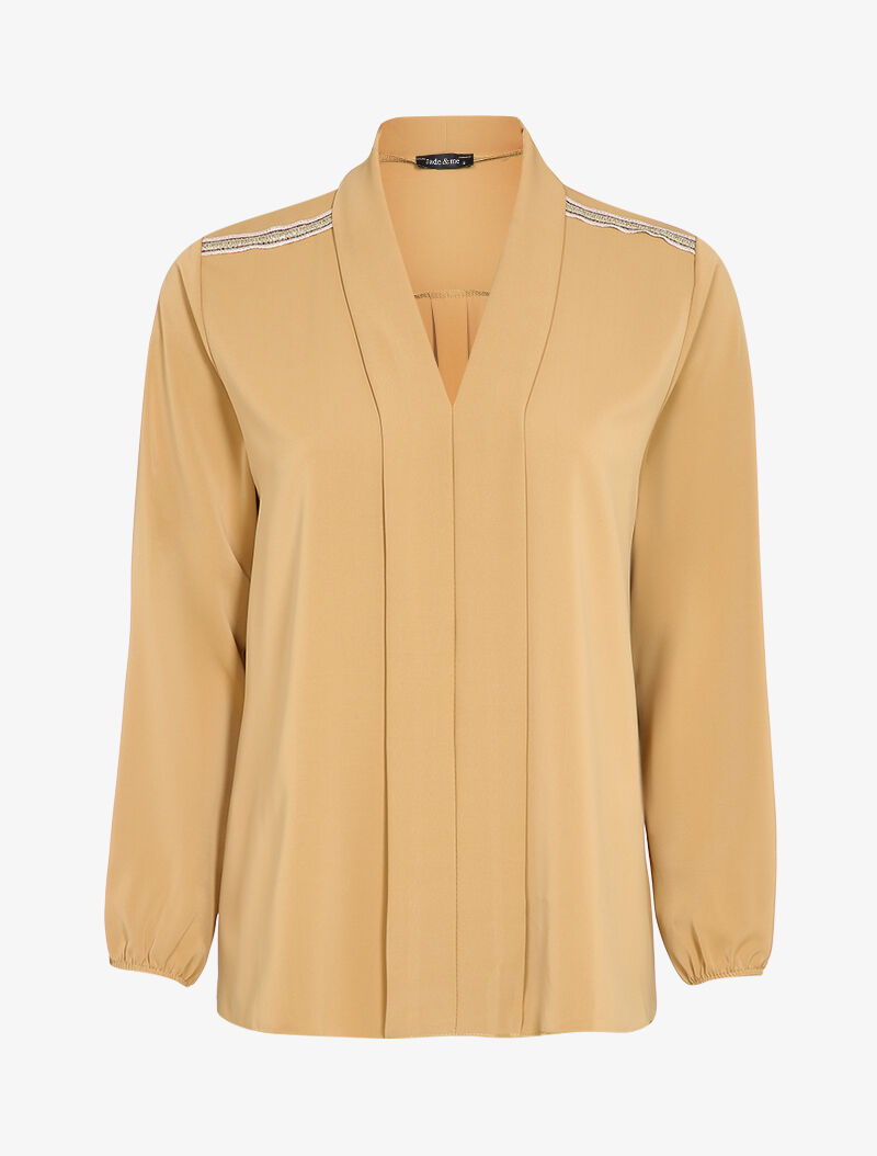 Blouse col châle et épaules à liseré doré - Beige - 1