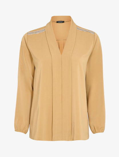 Blouse col châle et épaules à liseré doré - Beige - 1