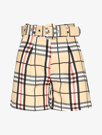 Short ceinturé imprimé tartan - Beige - 1