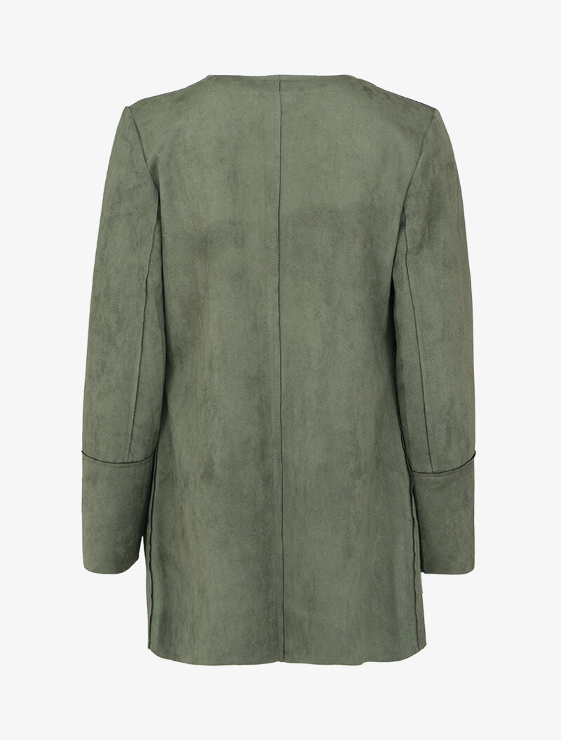 Veste mi-longue à col rond en suédine - Kaki - 2