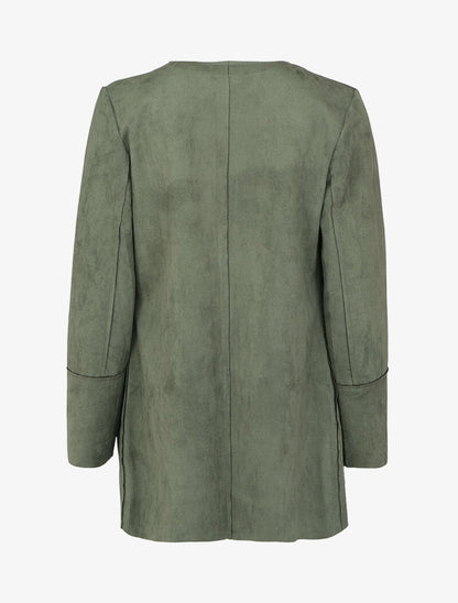 Veste mi-longue à col rond en suédine - Kaki - 2