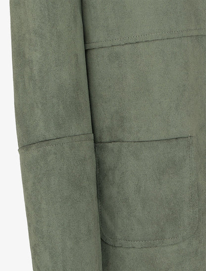Veste mi-longue à col rond en suédine - Kaki - 3