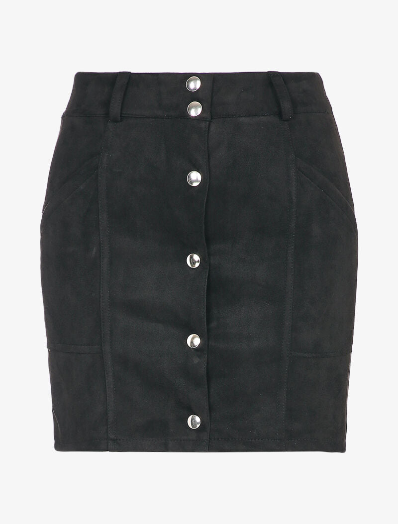 Jupe en suédine boutonnée à taille élastiquée - Noir - 1