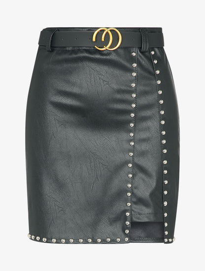 Jupe en simili cloutée à bords asymétriques - Noir - 3