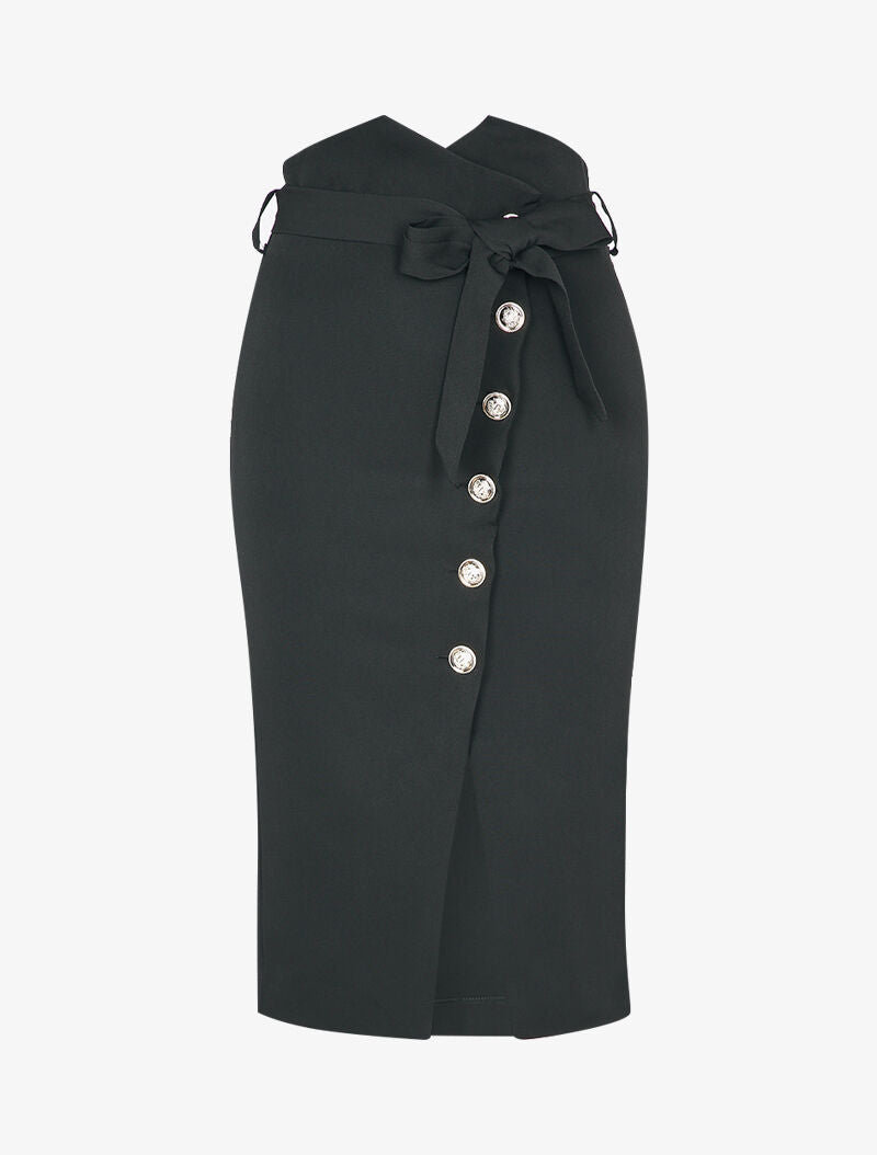 Jupe boutonnée à taille empire asymétrique et bord fendu - Noir - 1