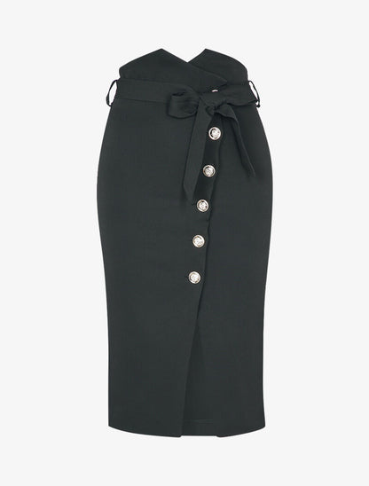 Jupe boutonnée à taille empire asymétrique et bord fendu - Noir - 1