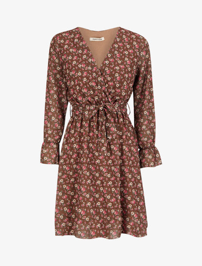 Robe imprimé petites roses à col cache-coeur et ceinture - Marron - 4