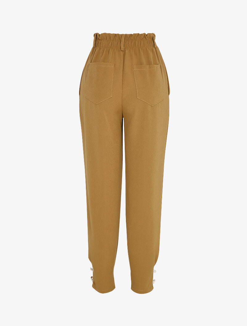 Pantalon à taille empire et chevilles à boutons décoratifs - Camel - 2