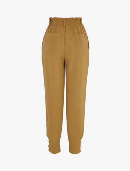 Pantalon à taille empire et chevilles à boutons décoratifs - Camel - 2