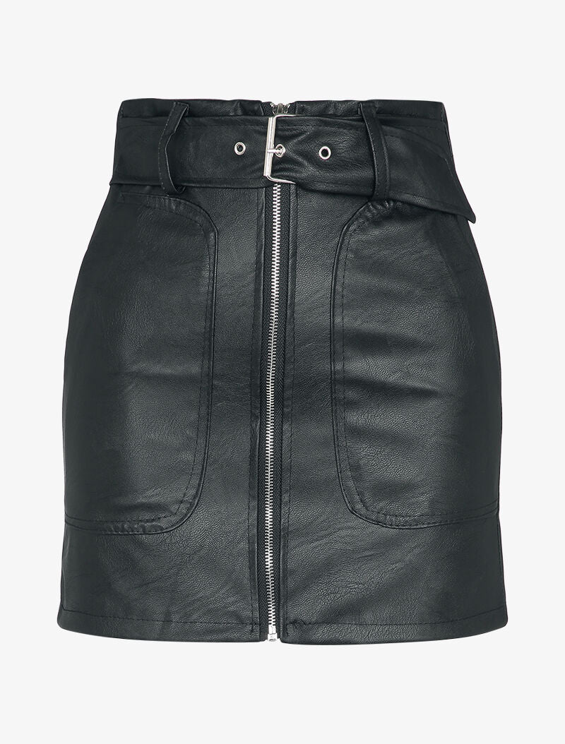Mini jupe en simili à zip et grandes poches - Noir - 4